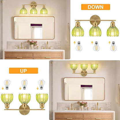 Bathroom Light Fixtures, 3-Light Brushed Gold Vanity Lights for Bathroom with Green Tulip Glass Shade, 20" Vintage Bathroom Vanity Lighting Fixtures Over Mirror for Bedroom Living Room Hallway