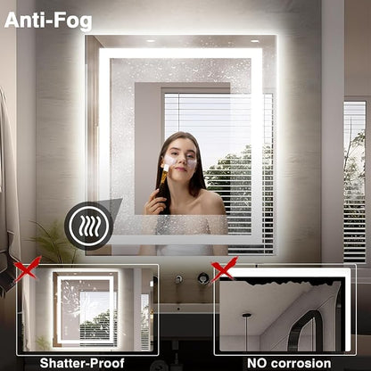 EchosLife 32"x36" LED Bathroom Mirror | Backlit + Front Lit, Anti-Fog, Stepless Dimmable, 3 Colors, Memory, Tempered Glass, UL Listed, Horizontal/Vertical