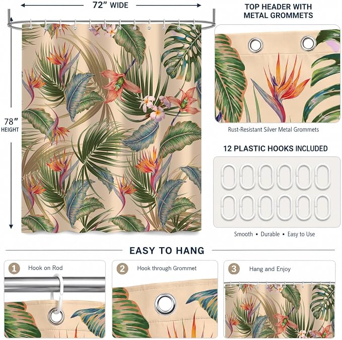 Tropical Shower Curtain, Colourful Leaves Floral Palm Leaf Hawaiian Botanical Plant Bathroom Decor, Waterproof Cloth Fabric Bath Curtain with Hooks 72 x 78 inch