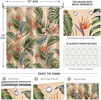 Tropical Shower Curtain, Colourful Leaves Floral Palm Leaf Hawaiian Botanical Plant Bathroom Decor, Waterproof Cloth Fabric Bath Curtain with Hooks 72 x 78 inch