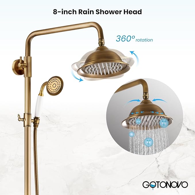 gotonovo Antique Brass Shower System 8 Inch Rainfall Shower Head Handheld Spray Double Cross Handle Bathroom Shower Faucet Wall Mount