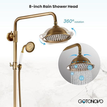 gotonovo Antique Brass Shower System 8 Inch Rainfall Shower Head Handheld Spray Double Cross Handle Bathroom Shower Faucet Wall Mount