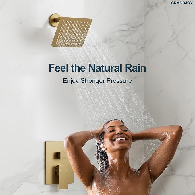 Wall Mount Shower System with Handheld Shower, Brushed Gold | 6-inch rain head, pressure-balanced brass valve, 2-function control and included 59-inch hose