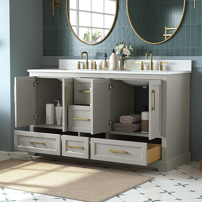 60 Inch Bathroom Vanity with Double Sink Combo, Solid Wood Frame with Mable Top &Backspalsh, Fully-Assembled with Soft-Closing Doors & 5 Drawers, Greige