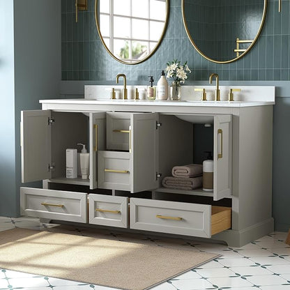 60 Inch Bathroom Vanity with Double Sink Combo, Solid Wood Frame with Mable Top &Backspalsh, Fully-Assembled with Soft-Closing Doors & 5 Drawers, Greige