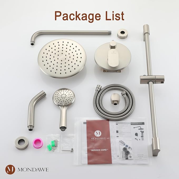 MONDAWE 9 Inch Wall Mounted Shower Faucet Set with Tub Spout in Brushed Nickel, Rainfall Shower Head with 3-Setting Handheld Spray Shower Combo, High Pressure Shower System with Solid Brass Valve