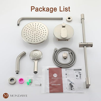 MONDAWE 9 Inch Wall Mounted Shower Faucet Set with Tub Spout in Brushed Nickel, Rainfall Shower Head with 3-Setting Handheld Spray Shower Combo, High Pressure Shower System with Solid Brass Valve
