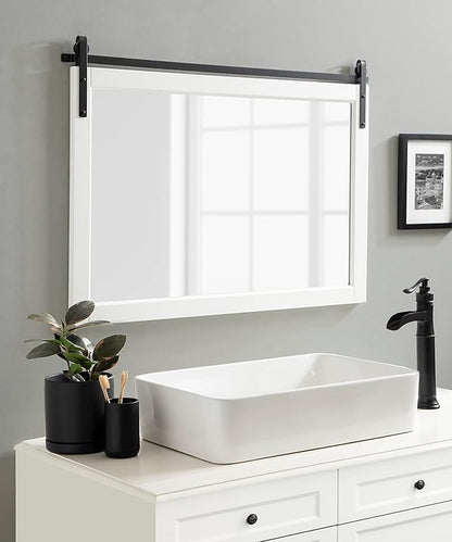 Kate and Laurel Skylan Modern Farmhouse Decorative Wood Framed Wall Mirror; 38 x 27; White and Black; Barn Door-Inspired Transitional Wall Hanging Mirror for Bathroom or Living Room Uses