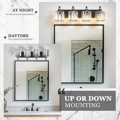 4-Light Black Bathroom Light Fixture Modern Vanity Lights Over Mirror Vintage Wall Sconce Lighting for Bathroom, Bedroom, Living Room, Hallway E26 Base with Crystal Bathroom Vanity Light