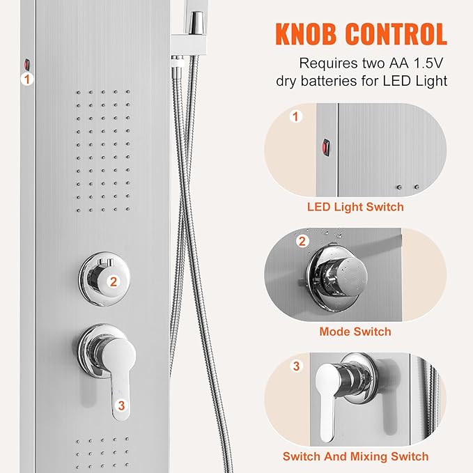 VEVOR Shower Panel System, 5 Shower Modes, LED Shower Panel Tower, Rainfall, Waterfall, 2 Body Massage Jets, Tub Spout, Handheld Shower Head with 59" Hose, Stainless Steel Wall-Mounted Shower Set
