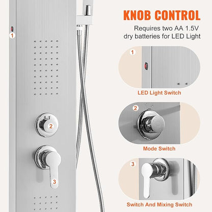 VEVOR Shower Panel System, 5 Shower Modes, LED Shower Panel Tower, Rainfall, Waterfall, 2 Body Massage Jets, Tub Spout, Handheld Shower Head with 59" Hose, Stainless Steel Wall-Mounted Shower Set