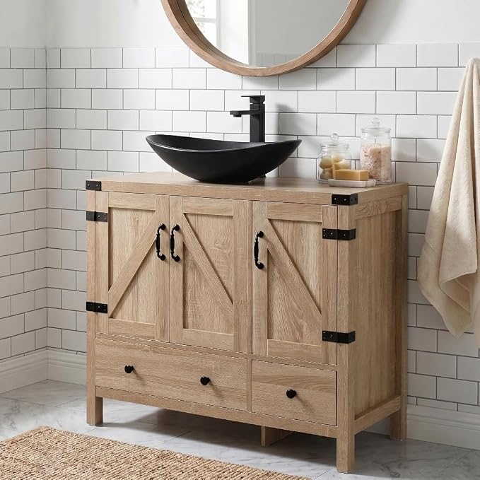 36" Natural Color Bathroom Vanity, Rustic Fixture Standing Pedestal Cabinet with Black Ceramic Boat Sink