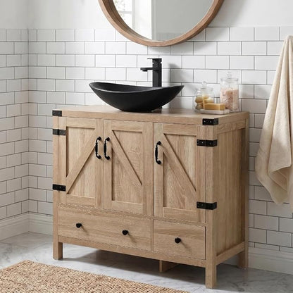 36" Natural Color Bathroom Vanity, Rustic Fixture Standing Pedestal Cabinet with Black Ceramic Boat Sink