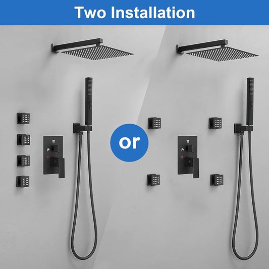 RUMOSE Rainfall Shower System with 4 Full Body Jet 4 Mode Shower Faucet Set | 12 Inch Rain Shower Head, 2 in 1 Handheld Spray, Matte Black Brass Shower Jet Shower Fixtures, Wall Mounted