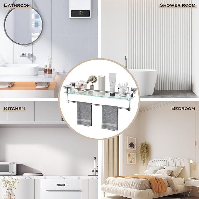 24 Inches Floating Glass Shelves for Wall with Towel Bar/Track, SUS 304 Stainless Steel Railing Tempered Glass Shelf, for Toilet, Room Decor Modern (Chrome Polished, 24-inch)