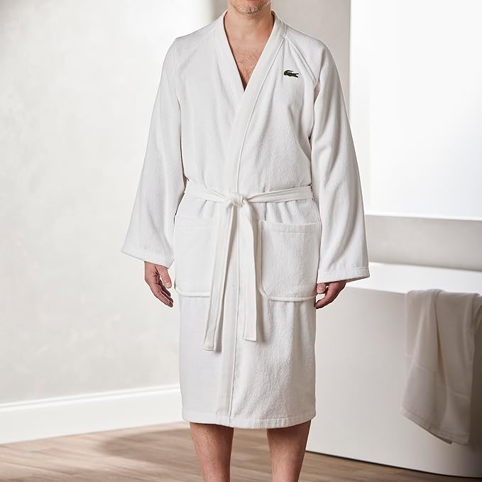 Lacoste Classic Pique Bath Robe, 100% Soft Cotton Terry, Unisex Adult Bathrobe, Absorbent & Quick Drying, One Size Fits Most