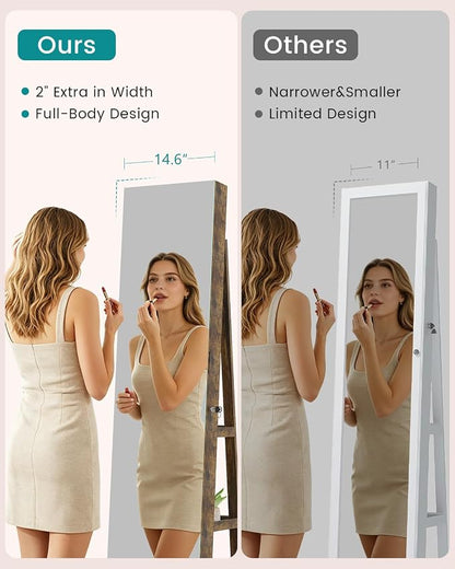 Vlsrka 360° Swivel Mirror Jewelry Cabinet, Lockable Jewelry Armoire, Brown | Standing Jewelry Cabinet with Lights, Framelss Mirror with Storage, Foldable Makeup Shelf, Interior Mirror, Gift for Women