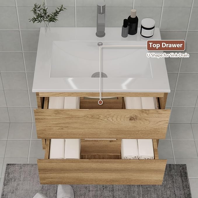 Wall-Mounted Bathroom Vanity with 2 Soft-Close Drawers – Moisture-Resistant MDF, Space-Saving Design for Modern Bathrooms (Nature Without Sink, 30)