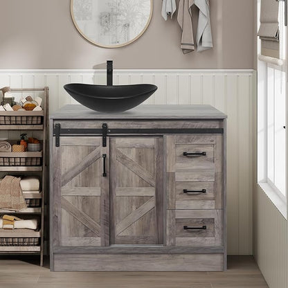 36 Inch Barn Door Bathroom Vanity, Farmhouse Style Standing Pedestal Cabinet with Black Ceramic Boat Sink