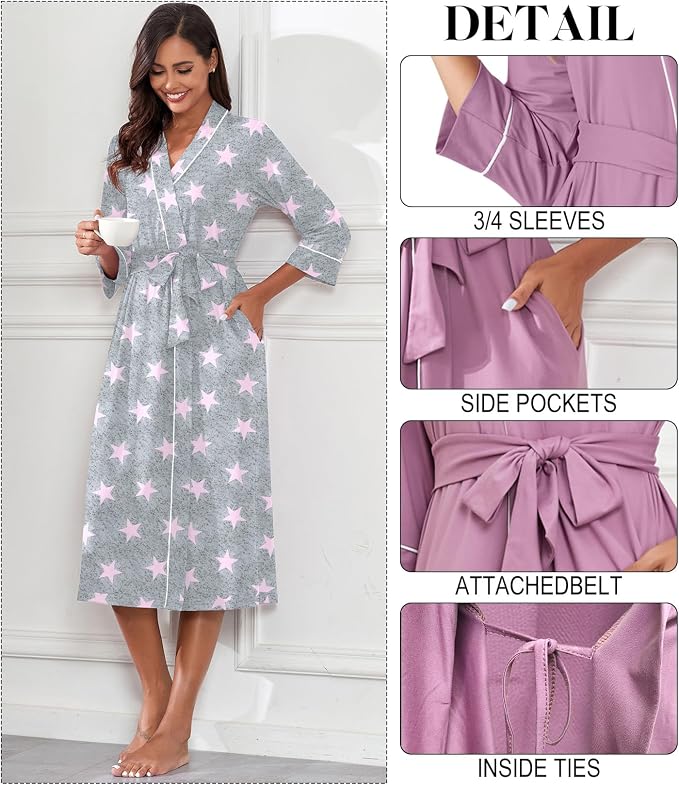PrinStory Robes for Women 3/4 Sleeve Long Bath Robe XS-4XL | V-Neck Knit Bathrobe with Pockets, Lightweight, Soft, Breathable Robes for Shower, Spa, Travel, Home, Party, Nursing