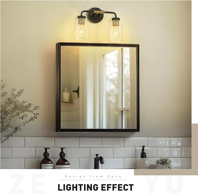zeyu 2-Light Modern Vanity Lighting Fixture, 14 Inch Black and Gold Bathroom Light Fixture with Clear Glass Shade, ZS62B-2W BK+BG