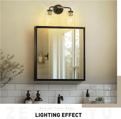 zeyu 2-Light Modern Vanity Lighting Fixture, 14 Inch Black and Gold Bathroom Light Fixture with Clear Glass Shade, ZS62B-2W BK+BG