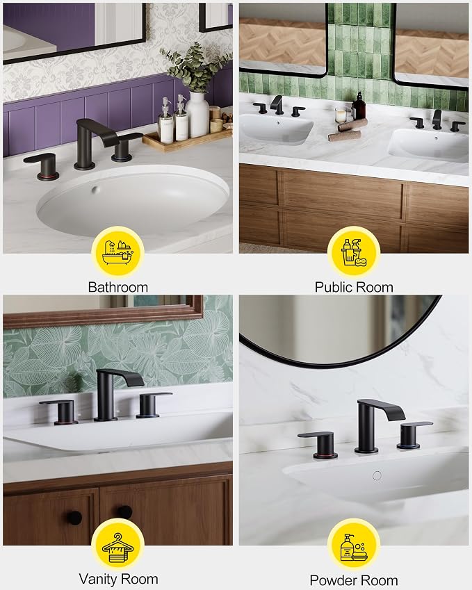 2 Pack Matte Black Waterfall Bathroom Faucet for Sink 3 Hole 8 Inch | Widespread Bathroom Sink Faucets with Pop-up Drain Supply Lines Stainless Steel 2-Handle Bathroom Sink Faucet by Homevacious