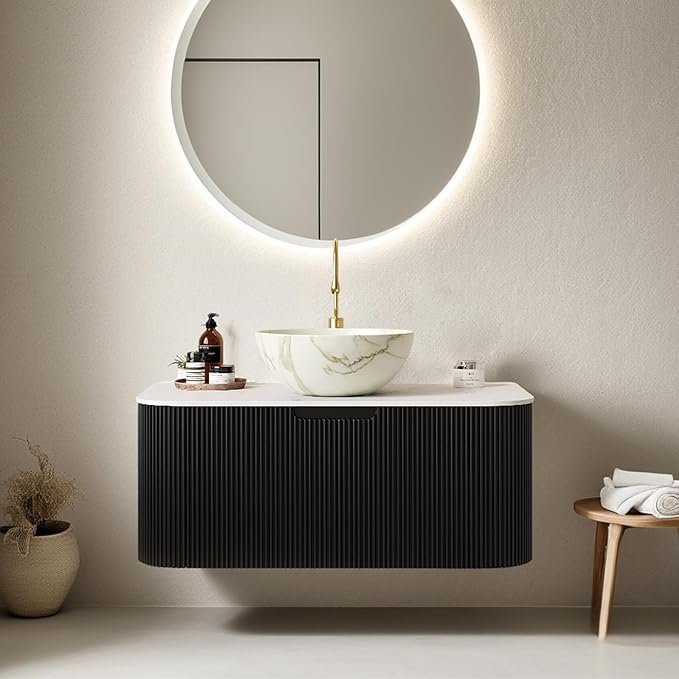 36" Floating Bathroom Vanity with Sink, Natural Solid Wood Modern Bathroom Vanities with Ultra-Thin Marble Bowl Shape Ceramic Basin and Top, Soft-Close Design, Pre-Assembled, Gloss Black