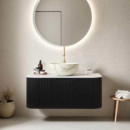 36" Floating Bathroom Vanity with Sink, Natural Solid Wood Modern Bathroom Vanities with Ultra-Thin Marble Bowl Shape Ceramic Basin and Top, Soft-Close Design, Pre-Assembled, Gloss Black