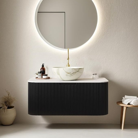 36" Floating Bathroom Vanity with Sink, Natural Solid Wood Modern Bathroom Vanities with Ultra-Thin Marble Bowl Shape Ceramic Basin and Top, Soft-Close Design, Pre-Assembled, Gloss Black