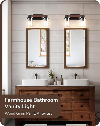 EDISHINE Farmhouse Vanity Lights for Bathroom, 2-Light Bathroom Vanity Light Fixtures Over Mirror, Painted Wood Bath Wall Sconces Lamp with Clear Glass Shade for Bedroom, Powder Room