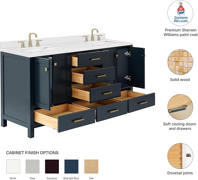 DKB Beckford 66-Inch Midnight Blue Double Bathroom Vanity with Sink, Carrara White Quartz Countertop & Splash, Rectangular Sinks, 4 Soft Closing Doors, 6 Full Extension Dovetail Drawers, Satin Brass