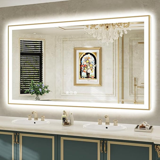 68x38 Inch LED Bathroom Mirror with Lights (Front Lit and Backlit) Gold Framed Lighted Vanity Mirror for Bathroom Wall Dimmable Anti-Fog Memory Tempered Glass Horizontal/Vertical