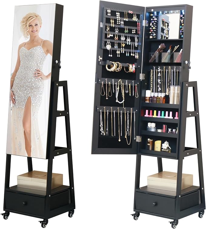 Jewelry Armoire Organizer 62 Inch Full Length Mirror with Standing LED Mirror Jewelry Cabinet Lockable Jewelry Storage Cabinet With Drawer Wheels Black