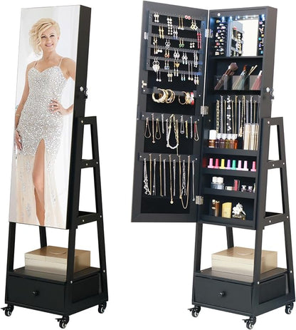Jewelry Armoire Organizer 62 Inch Full Length Mirror with Standing LED Mirror Jewelry Cabinet Lockable Jewelry Storage Cabinet With Drawer Wheels Black
