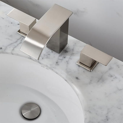 Bathroom faucets 3 Hole Brushed Nickel Vanity Faucet with led Waterfall Bathroom Faucet 3 Hole Sink Faucet Bathroom 8 inch Widespread Modern Parts Touch on 2 Handle(Brushed Nickel)