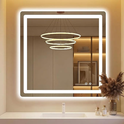 LED Bathroom Mirror with Lights, 30 x 30 Lighted Vanity Wall Mirror | Backlit and Frontlit, Anti-Fog, Dimmable 3 Colors, Shatter-Proof Tempered Glass, Memory Function, Plug-in/Hardwired