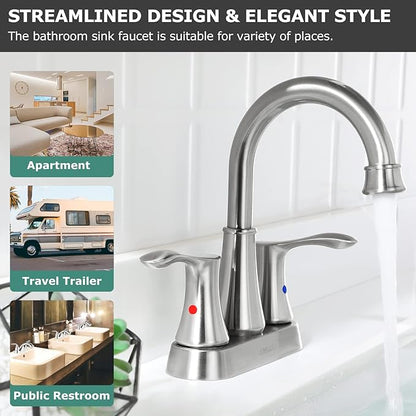 PARLOS Swivel Spout 2-Handle Brushed Nickel Bathroom Sink Faucet with Metal Pop-up Drain and Faucet Supply Lines, Demeter 13627