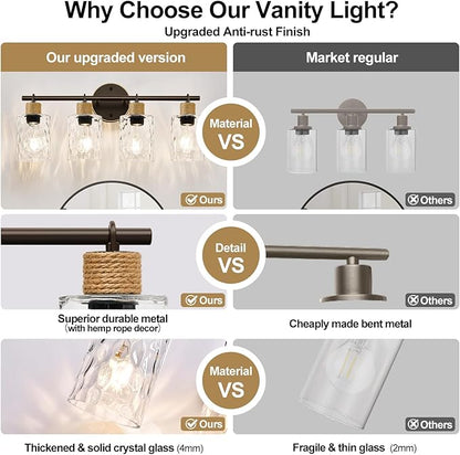 Bathroom Light Fixtures, 4-Light Coastal Vanity Lights with Crystal Glass Shade, Oil-Rubbed Bronze Bathroom Wall Lamp for Mirror Kitchen Hallway Cabinet