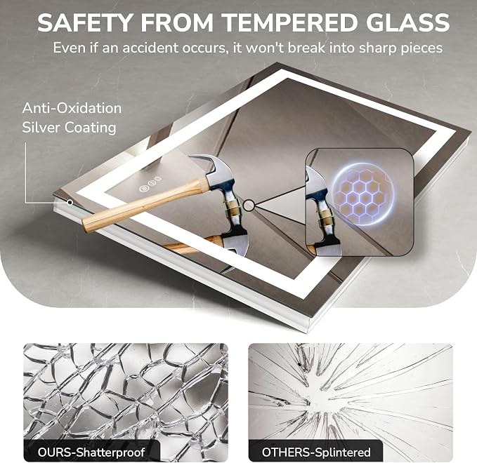 40x24 Inch LED Bathroom Mirror for Over Sink | Tempered Glass - Frameless Backlit Lighted Mirror for Bathroom Vanity with Anti-Fog, 3 Colors Dimmable, Memory Function