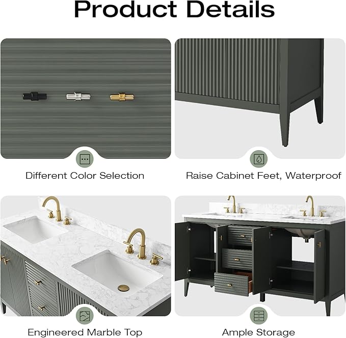 Vanity Art 60 inch Bathroom Vanity with Double Sink & Ceramic Top, Vanity Cabinet with Soft-Closing Door, Solid Wood Frame, Linear Pattern, Vintage Green, Golden Brushed Handware VA9160-DVG-GB
