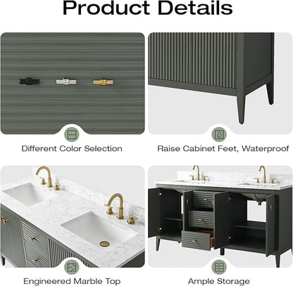Vanity Art 60 inch Bathroom Vanity with Double Sink & Ceramic Top, Vanity Cabinet with Soft-Closing Door, Solid Wood Frame, Linear Pattern, Vintage Green, Golden Brushed Handware VA9160-DVG-GB