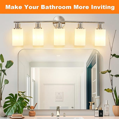 DLLT 5-Light Bathroom Light Fixtures: Nickel Modern Vanity Lights with E26 Bulbs - Milky White Glass Shade Bathroom Wall Lamp for Mirror Kitchen Living Room Hallway Cabinet Porch
