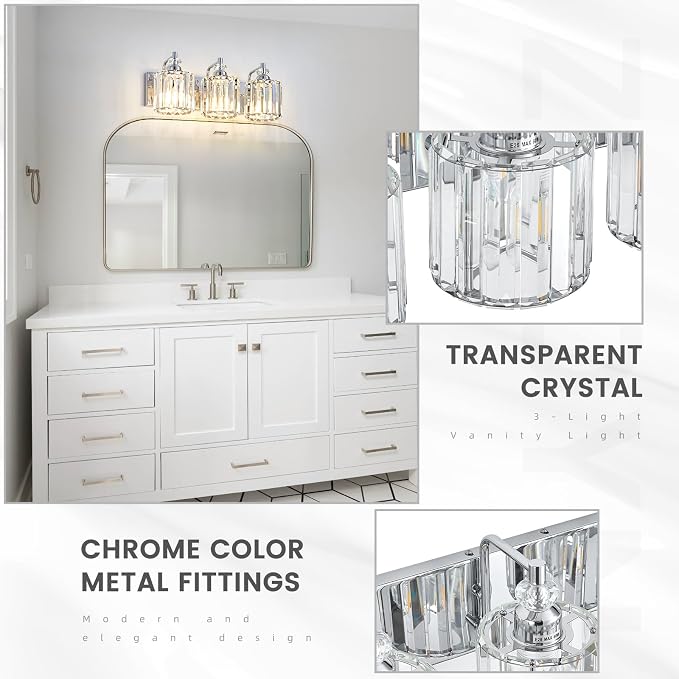 3-Light Modern Bathroom Light Fixture Chrome Bathroom Vanity Lights Over Mirror Wall Sconce Lighting with K9 Crystal Shades E26 Base for Bedroom, Living Room, Hallway, Cabinet Wall Lamp