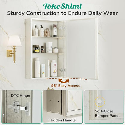 14 x 18 Medicine Cabinet for Bathroom, Assembly Required, Brushed Nickel Medicine Cabinet with Mirror, Stepless Adjustable Shelves, Tempered Glass, Beveled Aluminum Frame