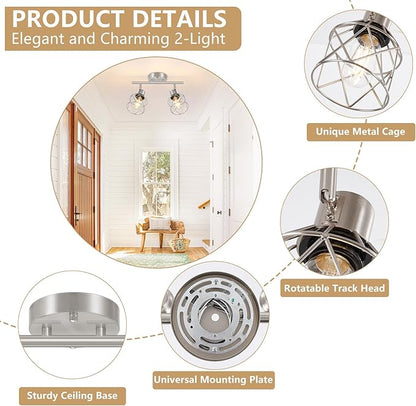 2-Light Brushed Nickel Semi Flush Mount Ceiling Light, Hallway Light Fixtures with Metal Wire Cage, Vintage Adjustable Track Spotlight Ceiling Fixtures for Dining Room, Farmhouse, Entryway