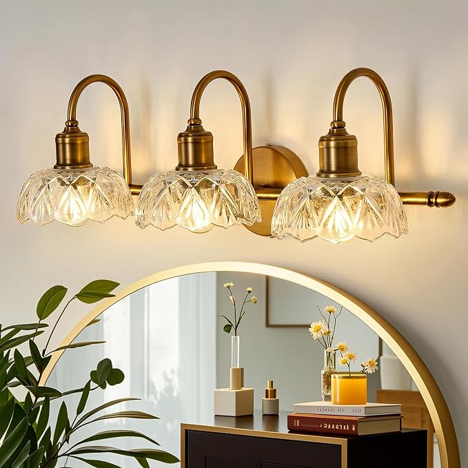 UOFUS Gold Vintage Vanity Light 3 Lights Bathroom Lighting Fixtures Over Mirror with Clear Glass Shade