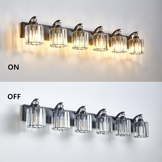 6-Light Black Bathroom Light Fixture Modern Vanity Lights Over Mirror Vintage Wall Sconce Lighting for Bathroom, Bedroom, Living Room, Hallway E26 Base with Crystal Bathroom Vanity Light