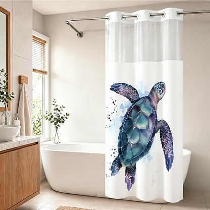 Funny Sea Turtle Shower Curtains Ocean Animal Cartoon Kids Theme No Hook Waffle Weave Shower Curtain with Snap in Liner Polyester Fabric Bathroom Decor Set 36 W x 74 H Inch Teal Purple