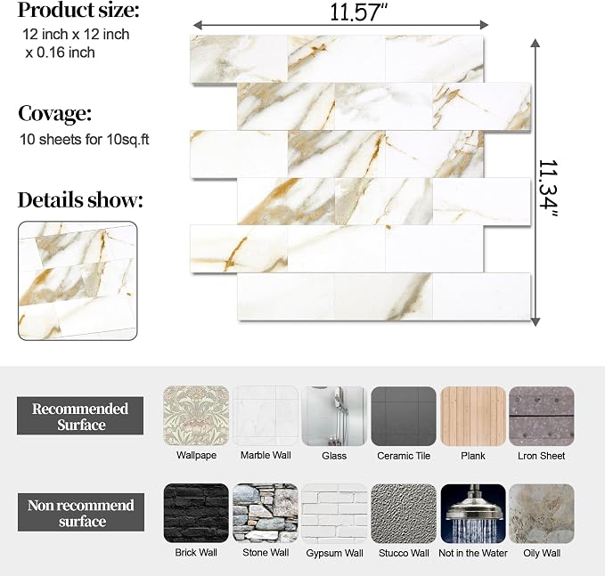 2026 New Upgrade Peel and Stick Backsplash Tile, Peel and Stick 11.34" X 11.57" Wall Tile for Kitchen, Bathroom, Fireplace, Laundry (Cala Golden, 20 Packs)